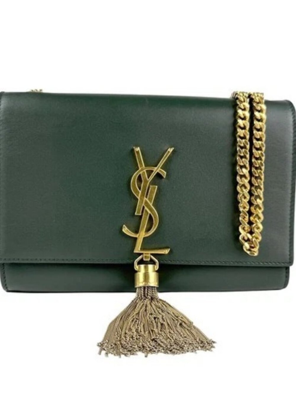 Auth SAINT LAURENT Chain Crossbody Shoulder Bag Dark Green/Gold Leather - z6406